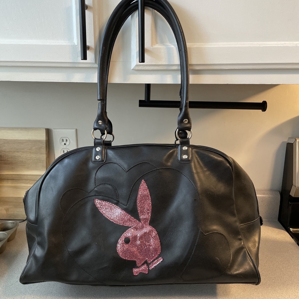 Y2K Playboy Pink Glitter Logo Black duffle Overnight bag Read